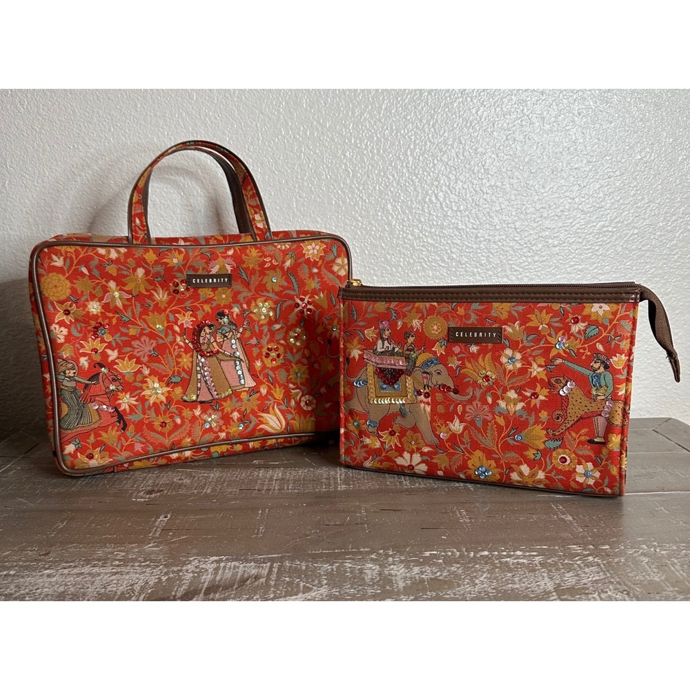 Celebrity Travel Toiletry Bag Set Women Red Indian Mughal Elephant Sequin Boho